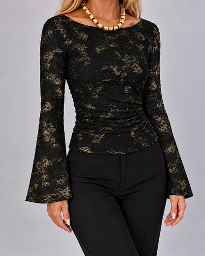 Women's Gold Foil Jacquard Boat Neck Flare Sleeve Ruched Slim Fit Top