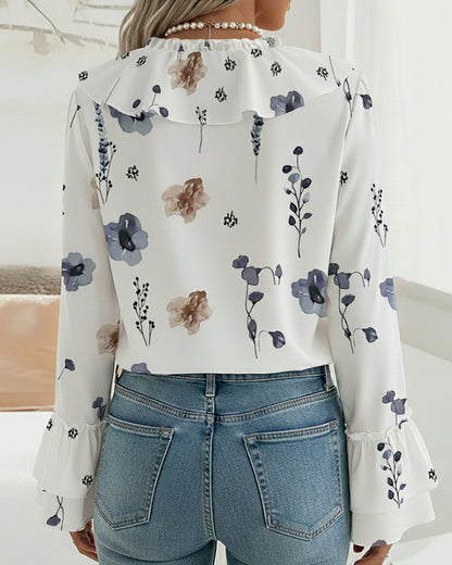 Watercolor Floral Print Ruffles Spliced V-Neck Long Sleeve Tie Font Blouse Casual Double Layer Flared Cuffs Loose Fit Top