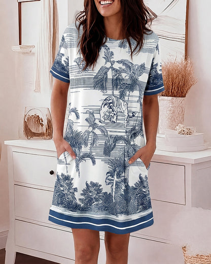 Women's Vintage Landscape Print Nightgown Casual Short Sleeve Loungewear Dress with Pockets