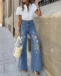 Women's High Waisted Floral Embroidered Wide Leg Jeans Washed Denim Pants