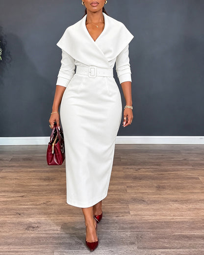 Women's Lapel Collar Wrap V-Neck Long Sleeve Slit Midi Dress with Belt