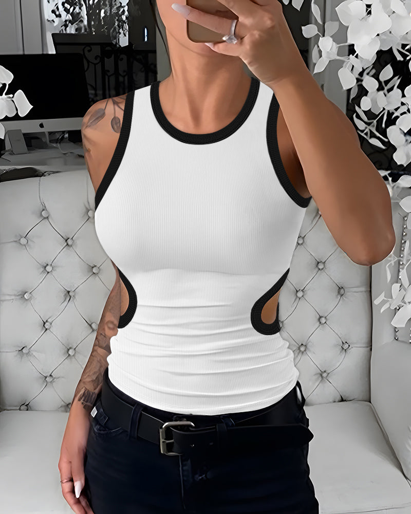 Women's Ribbed Contrast Trim Tank Top Sleeveless Crew Neck Cutout Slim Fit Stretch Casual Top