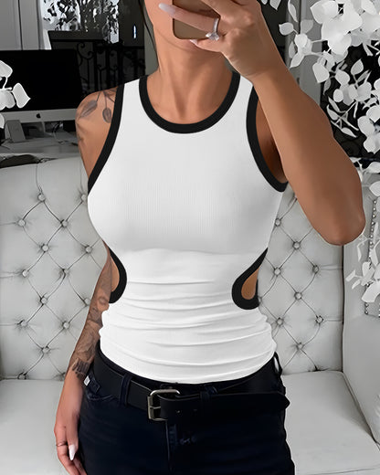 Women's Ribbed Contrast Trim Tank Top Sleeveless Crew Neck Cutout Slim Fit Stretch Casual Top