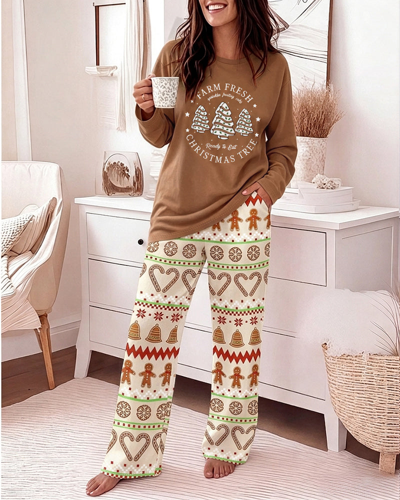 Women's Vintage Christmas Graphic Pajama Set Crew Neck Long Sleeve Top and Wide Leg Pants