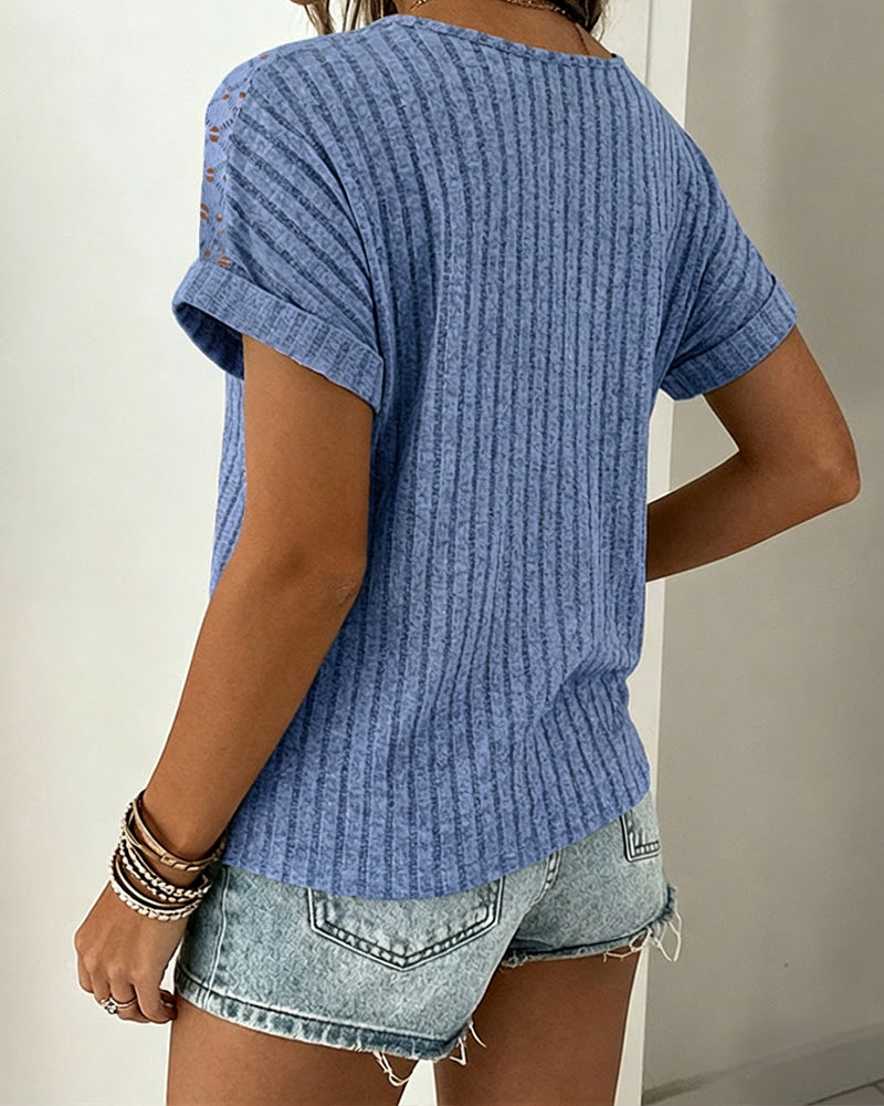 Lace Spliced Round Neck Rolled Cuffs Tee Casual Short Sleeve Ribbed Brushed Top