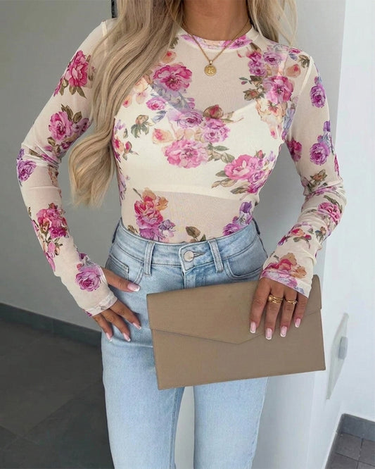 Women's Floral Print Sheer Mesh Top Long Sleeve Slim Fit Crewneck Layering Top with Thumb Hole Cuffs
