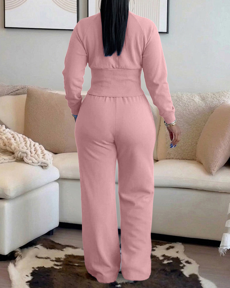 2 Pieces Outfit O-neck Long Sleeve Cinched Waist Sweatshirt and Elastic Waist Wide Leg Pants Set Casual Seam Design Sweatpants Set