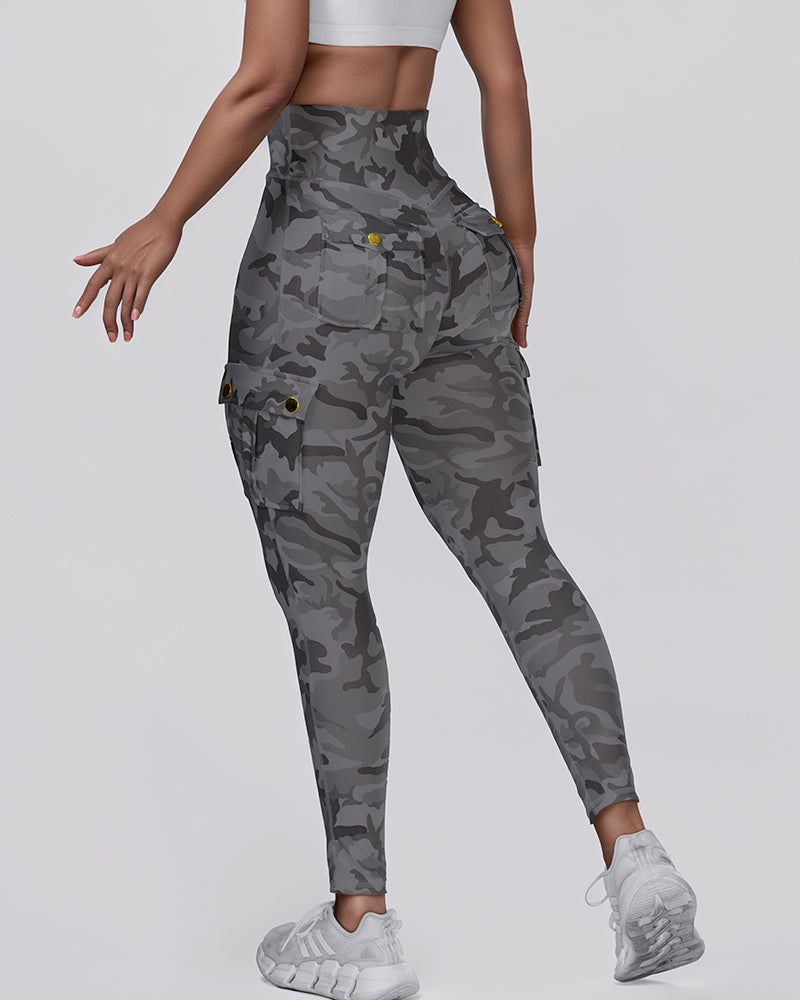 Camouflage Print High Waist Skinny Leggings with Cargo Flap Pockets Casual Pants