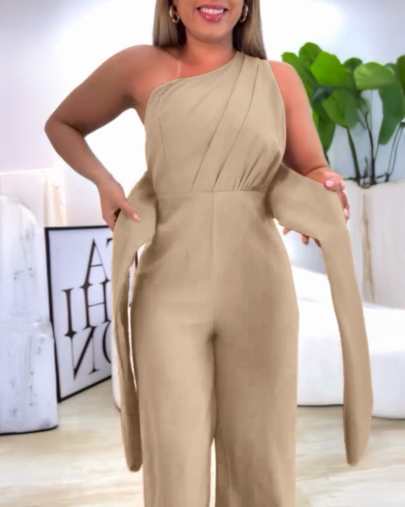 One Shoulder Sleeveless Ruched Cinched Waist Zipper Side Overalls Tied Detail Elastic Waist Wide Leg Jumpsuit