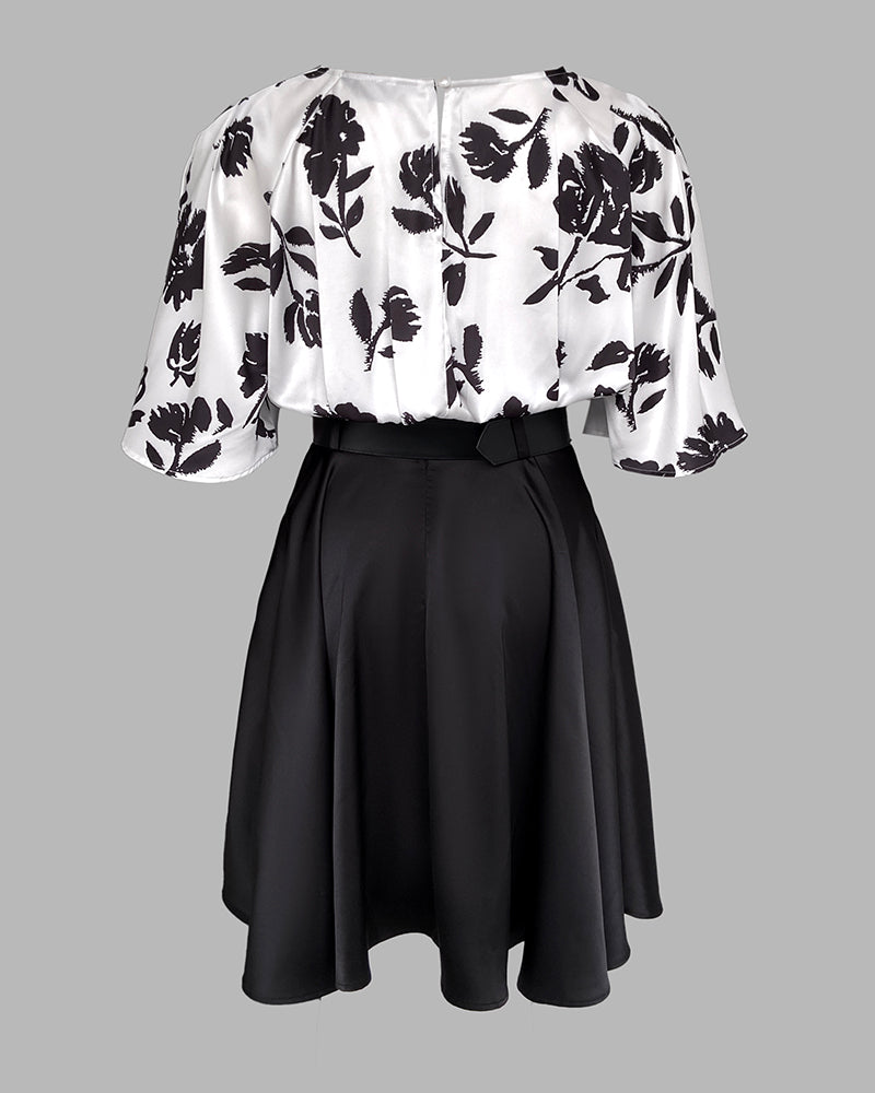 2 Pieces Outfit Colorblock Floral Print Bell Sleeve Hollow-out Back Shirred Back Hem Top and Casual A-line Skirt Set with Belt