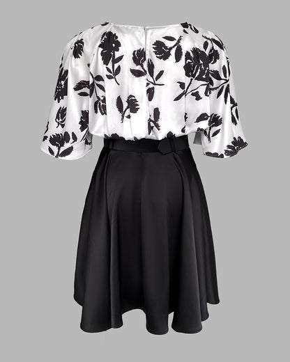 2 Pieces Outfit Colorblock Floral Print Bell Sleeve Hollow-out Back Shirred Back Hem Top and Casual A-line Skirt Set with Belt