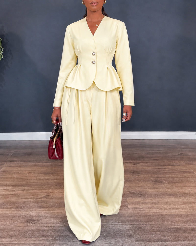Women's 2 Piece Outfits V Neck Shirred Peplum Top and High Waist Wide Leg Pants Set