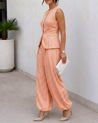Women's French Vintage Plaid 2 Piece Outfits Sleeveless Button Vest Top and High Waist Lantern Pants Set