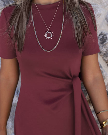 Women's Crewneck Short Sleeve Side Tie Knot Ruched Bodycon Dress Elegant Side Slit Maxi Dress