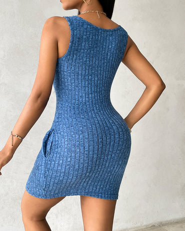 Pocket Design Ribbed Tank Dress Sleeveless Button Front Pullover Bodycon Mini Dresses