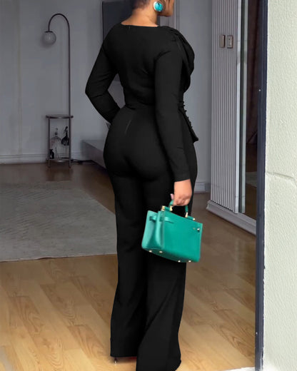 Cowl Neck Asymmetrical Textured Patchwork Cinched Waist Jumpsuit Casual Zipper Back Wide Leg Jumpsuit