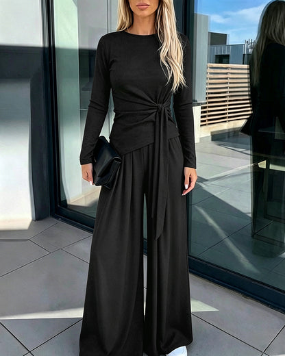 Women's 2 Piece Knit Lounge Set Long Sleeve Tie Waist Top and High Waisted Wide Leg Pants Casual Soft Sweatsuit with Pockets