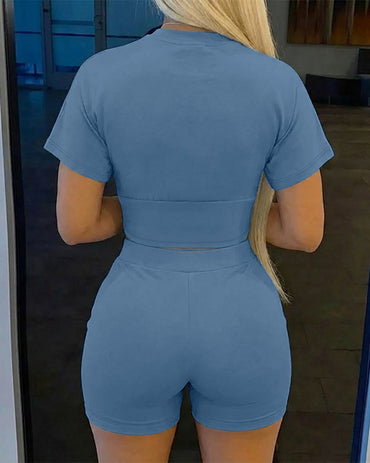 2 Pieces Outfit O-neck Short Sleeve Cinched Waist Crop Top and High Waist Elastic Waist Shorts Set Slim Fit Set