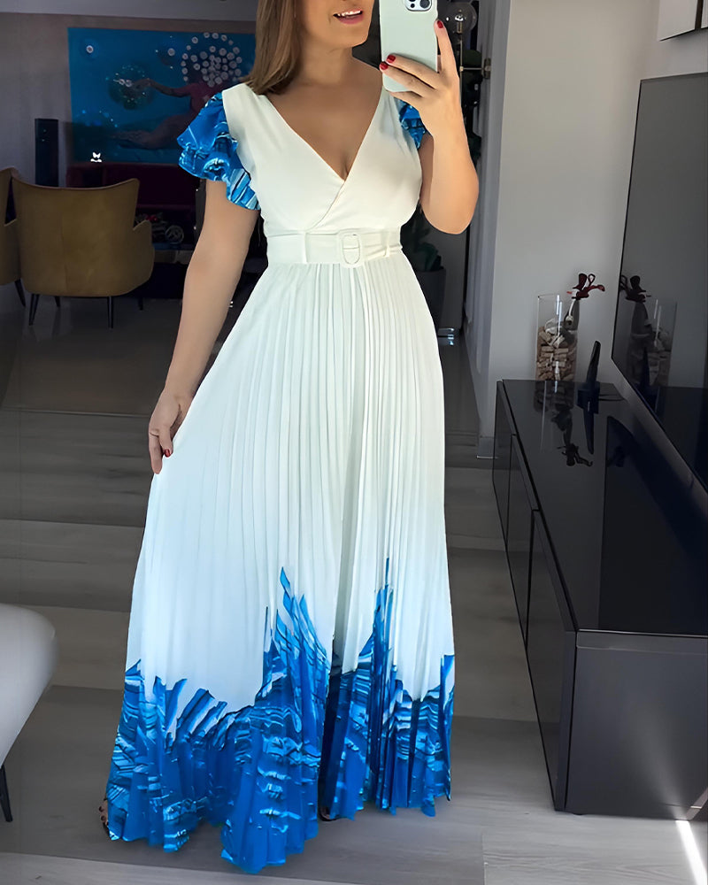 Abstract Placement Print Overlap Deep V-Neck Ruffles Sleeve Pleated Maxi Dress Elegant Zipper Back Cinched Waist Vacation Dress with Belt