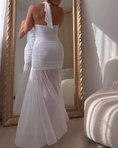 Women's Halter Tie Mesh Maxi Dress Ruched Front Slit Cocktail Dress Elegant Backless Mermaid Party Dress