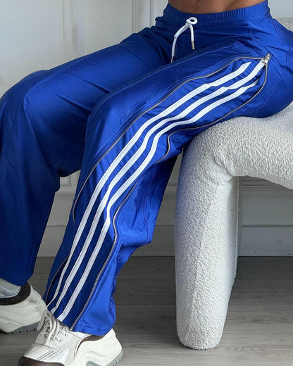 Contrast Side Striped & Zipper Slit Side Drawstring Elastic Waist Trousers Casual Wide Leg Pants