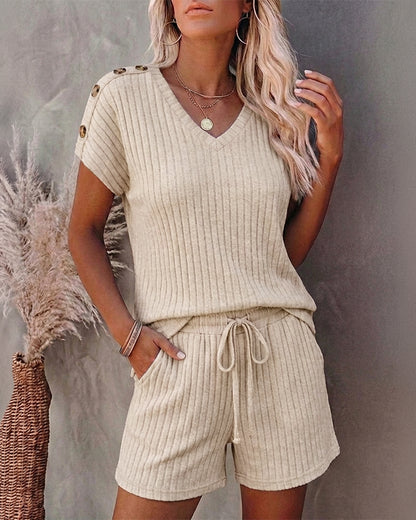 Women's Ribbed Knit 2 Piece Outfits V Neck Short Sleeve Top and Drawstring Shorts Set Casual Lounge Suits with Pockets