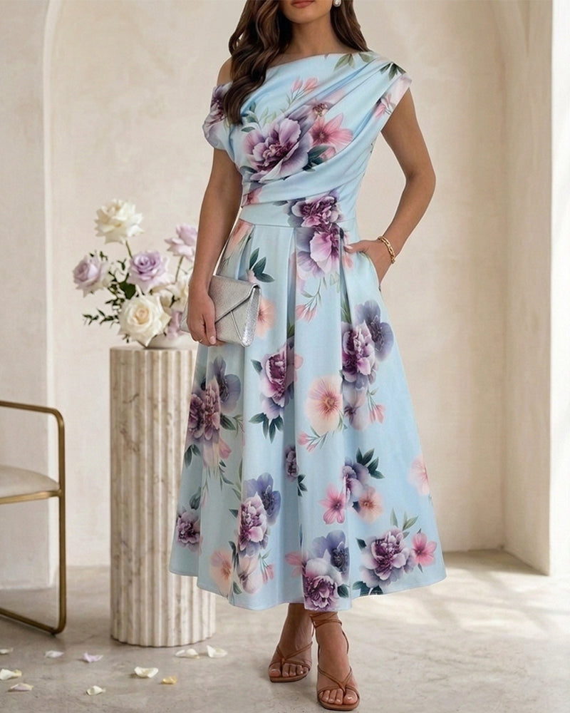 Women's Skew Neck Midi Dress Elegant Ruched Floral A-Line Dress High Waisted Vacation Dress with Pockets 3 Women's Skew Neck Midi Dress Elegant Ruched Floral A-Line Dress High Waisted Vacation Dress with Pockets - Image 3