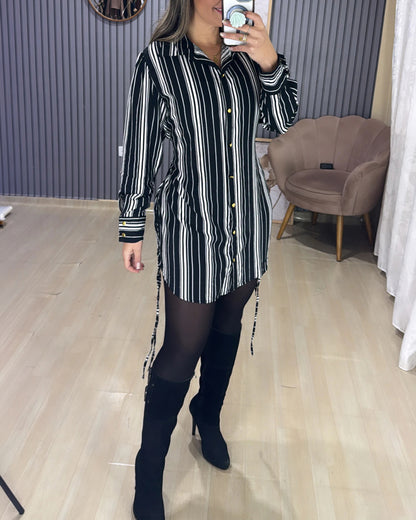 Women's Striped Shirt Dress Button Down Long Sleeve Shirred Waist Casual Dress