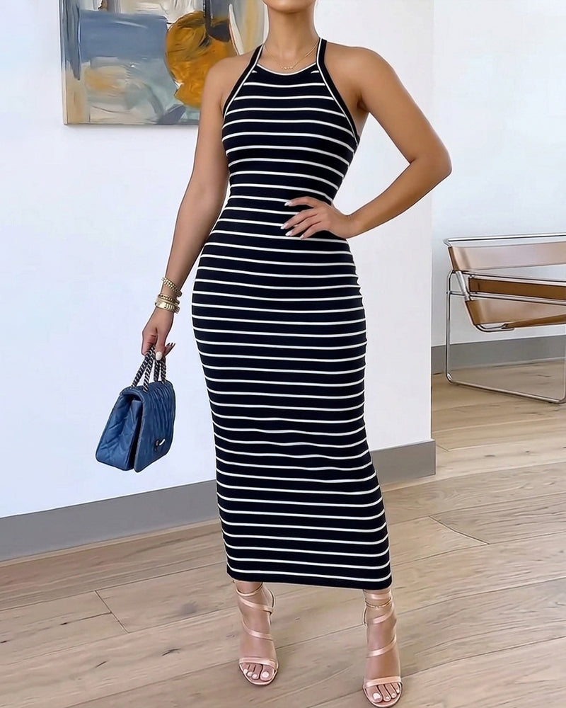 Women's Striped Halter Maxi Dress Sleeveless Ribbed Knit Dress Elegant Back Slit Slim Fit Casual Sundress