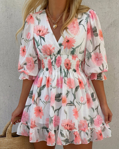 Floral Print Overlap Deep V-Neck Half Sleeve Shirred Waist A Line Dress Casual Flared Cuffs Ruffle Hem Chiffon Dress