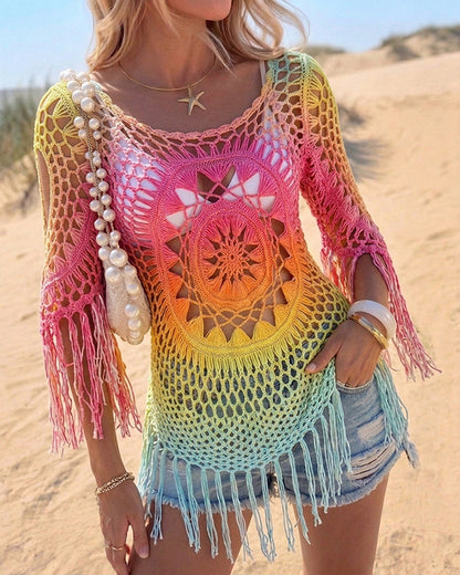 Women's Tie Dye Crochet Beach Cover Up Hollow Out Long Sleeve Vacation Top