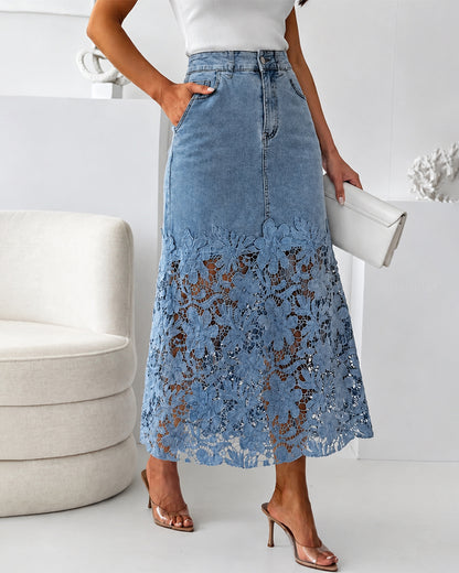 Women's Guipure Lace Spliced Denim Skirt High Waisted Jean Skirt French-Style Casual Skirt