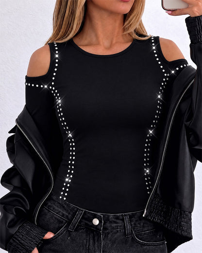 Women's Long Sleeve Top Sparkly Rhinestone Cutout Tee Slim Fit Round Neck T-Shirt