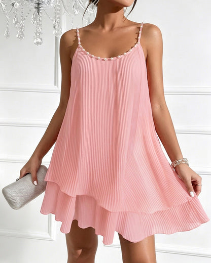 Women's Pearls Embellished Straps Mini Dress Backless Pleated Dress Casual Double Layer Lettuce Trim Cami Sun Dress