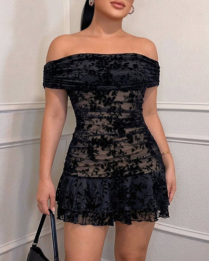 Women's Foldover Off Shoulder Mesh Mini Dress Flocked Floral Ruched Bodycon Party Dress Ruffle Hem Sexy Clubwear