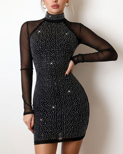 Robe moulante à manches longues et col montant en strass pour femmes, Mini robe de soirée