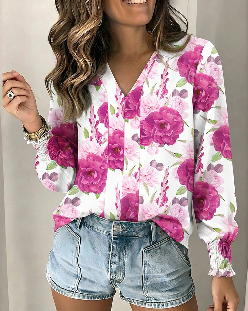 Floral Print V-Neck Long Sleeve Shirred Cuffs Blouse Casual Backless Tie Back Top