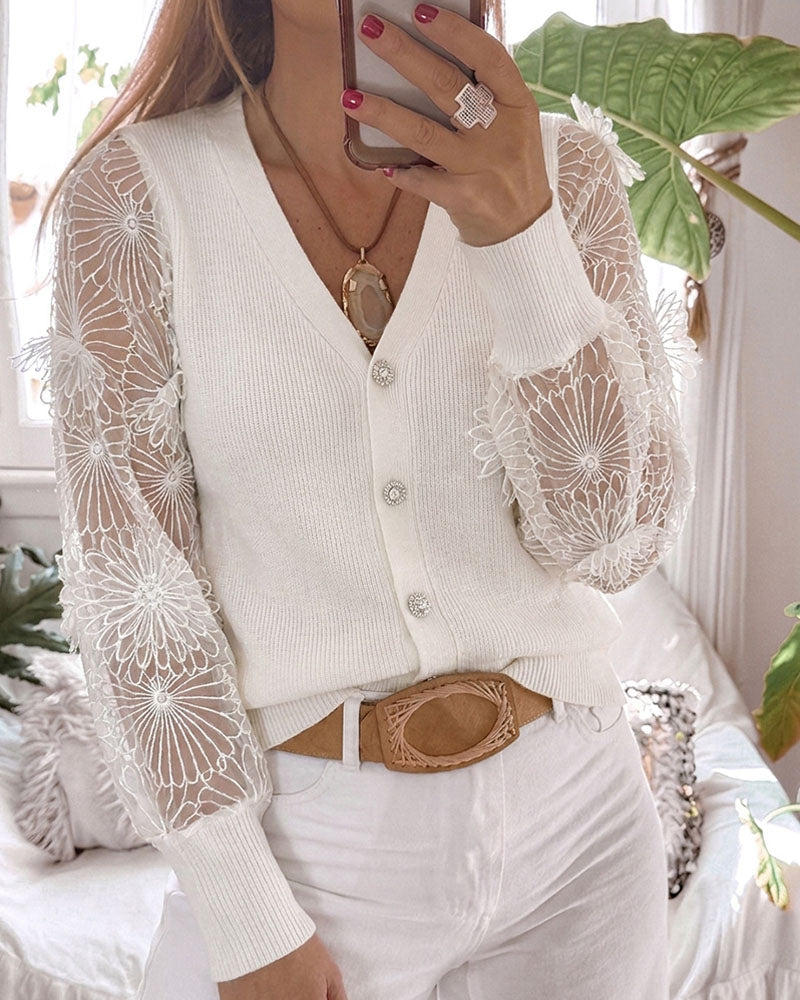 Cardigan en maille à manches longues pour femmes, pull en tricot brodé à col en V, boutons en strass, côtelé, coupe cintrée, manteau décontracté