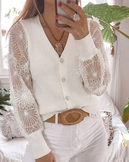 Cardigan en maille à manches longues pour femmes, pull en tricot brodé à col en V, boutons en strass, côtelé, coupe cintrée, manteau décontracté