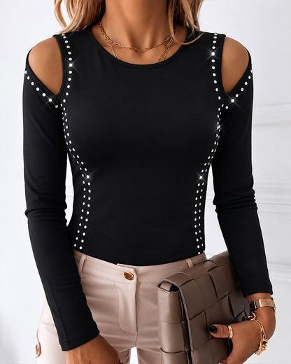 Women's Long Sleeve Top Sparkly Rhinestone Cutout Tee Slim Fit Round Neck T-Shirt