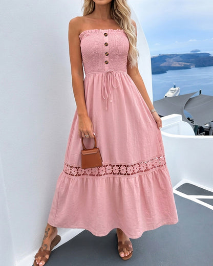 Women's Strapless Shirred Maxi Dress Lace Splice Tied Detail Frill Trim Sundress with Detachable Clear Straps
