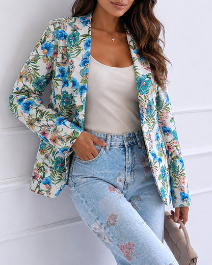 Women's Vintage Floral Jacquard Blazer Elegant Single Breasted Lapel Collar Coat