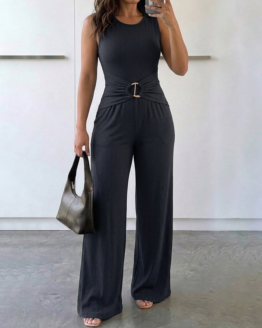 Women's Hollow-out Ribbed Wide Leg Jumpsuit Sleeveless Gold Ring Overalls