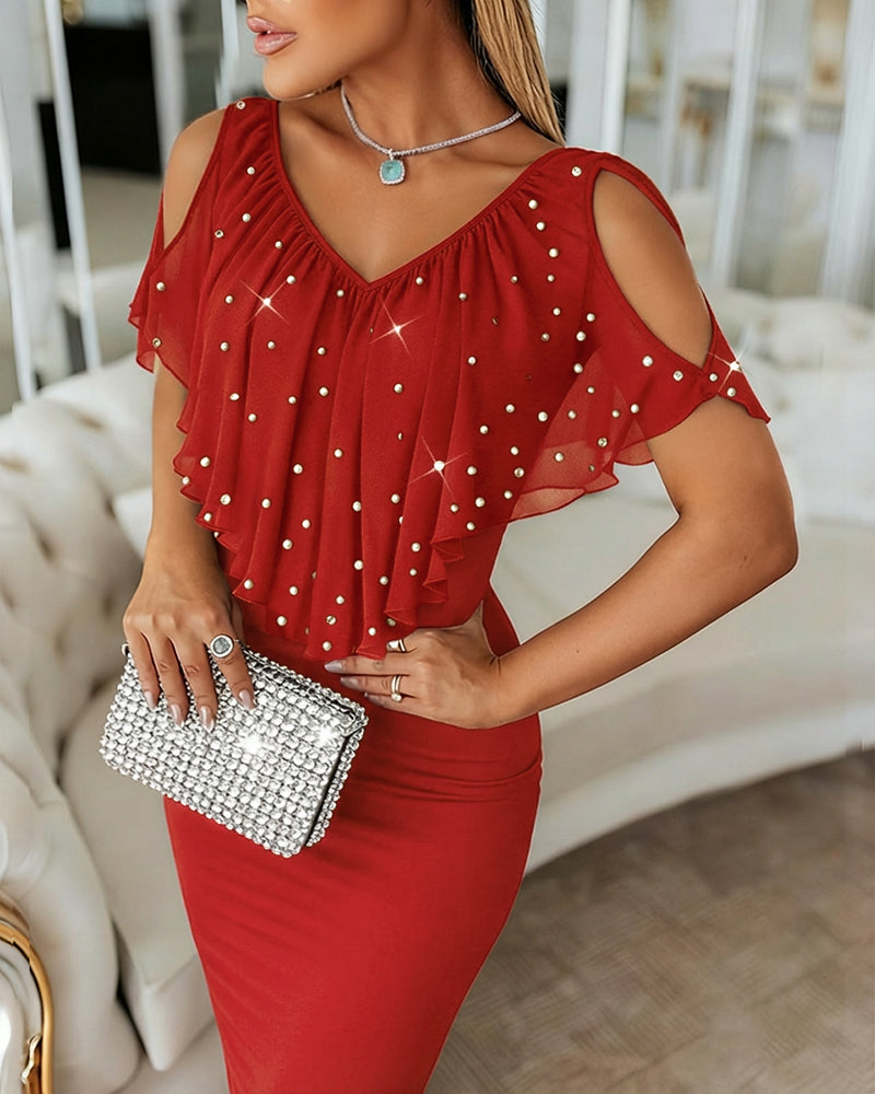 V-Neck Cold Shoulder Slit Back Party Dress Casual Rhinestone & Pearls Decor Asymmetrical Ruffle Chiffon Cape Design Faux Two-Piece Dress