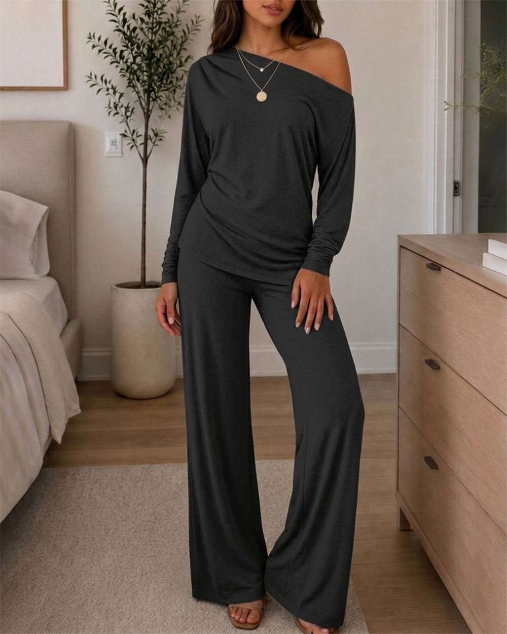 Women's 2 Piece Outfits Skew Neck Ruched Asymmetric Hem Top and Wide Leg Pants Set Casual Lounge Set