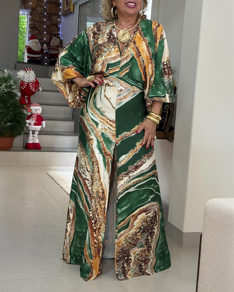 Landscape Print V Neck Lantern Sleeve Front High Slit Maxi Dress Casual Cinched Waist Vacation Dress