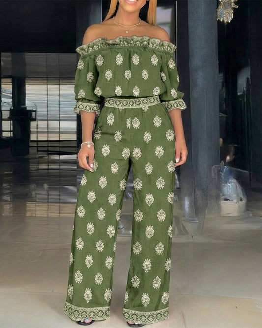 2 Pieces Outfit Stretchy Off Shoulder Half Sleeve Flared Cuffs Stretchy Hem Top and High Waist Elastic Back Waist Wide Leg Pants Set Casual Vintage Print Vacation Set