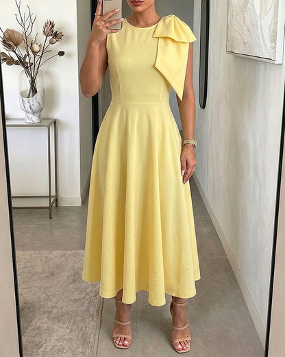 Women's Bowknot A Line Midi Dress Sleeveless Crewneck High Waist Party Dress Elegant Evening Gown
