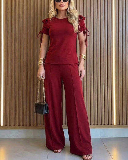 2 Pieces Outfit Ruffles Decor Drawstring Short Sleeve Top and Casual Elastic Waist Seam Front Wide Leg Pants Set