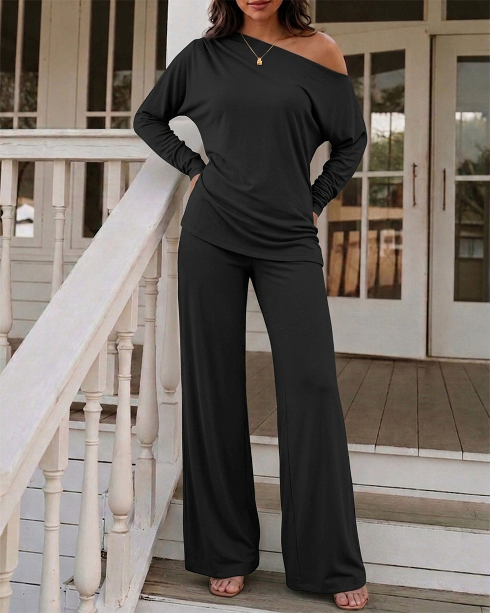 Women's 2 Piece Outfits Skew Neck Ruched Asymmetric Hem Top and Wide Leg Pants Set Casual Lounge Set